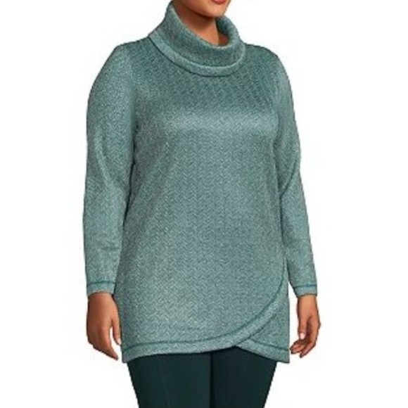 Lands' End Tops - Lands End Womens Green Herringbone Cowl Neck Tunic Sweatshirt Plus 1X Athleisure